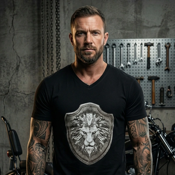 Lion Epaulet Printed V-Neck Mens Black T-Shirt