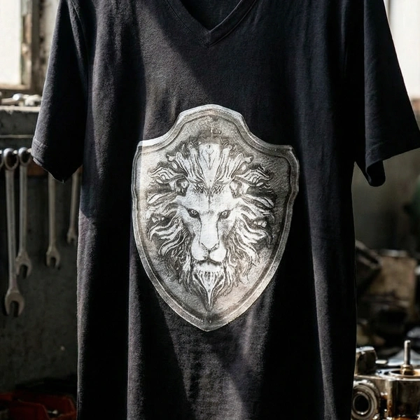 Lion Epaulet Printed V-Neck Mens Black T-Shirt