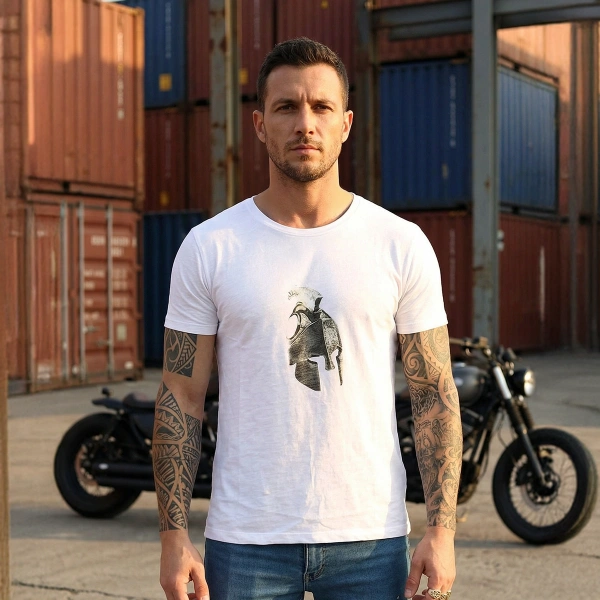 Warrior Helmet Printed Crew Neck White T-Shirt