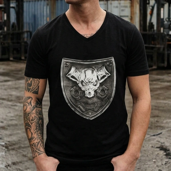 Pirate Epaulette V Neck Mens Black T-Shirt