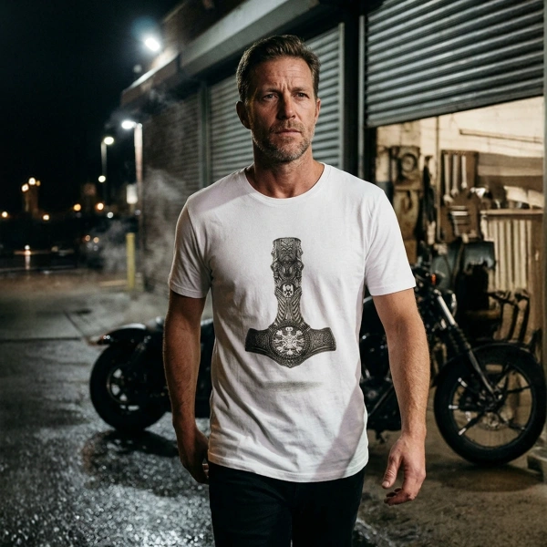 Warrior Axe Printed Crew Neck Mens White T-Shirt