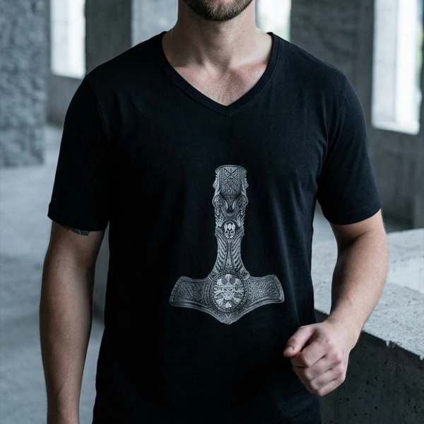 Warrior Axe Printed V Neck Mens Black T-Shirt