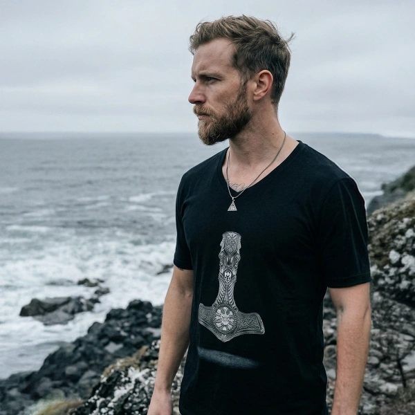 Warrior Axe Printed V Neck Mens Black T-Shirt