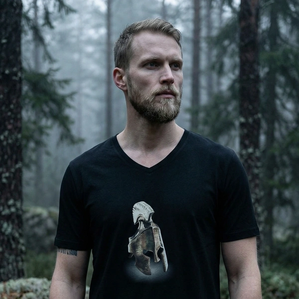 Warrior Helmet Printed V Neck Mens Black T-Shirt