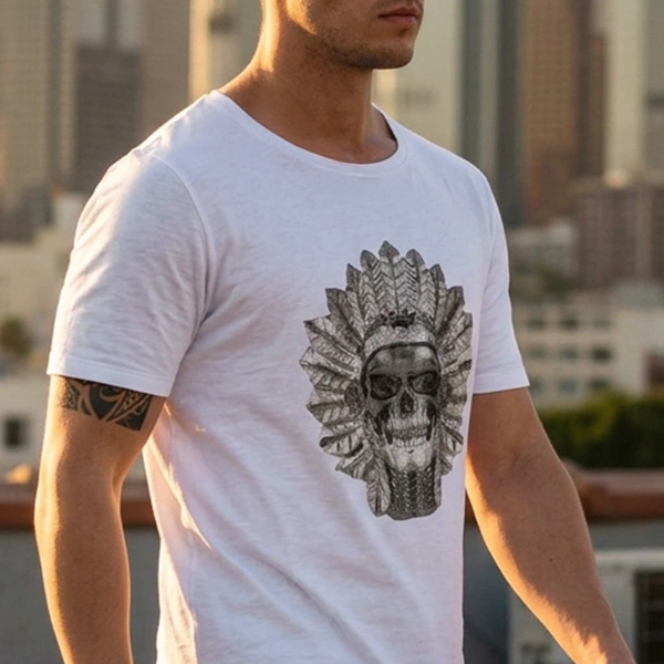 Kızılderili Baskılı Bisiklet Yaka Erkek Beyaz Tişört