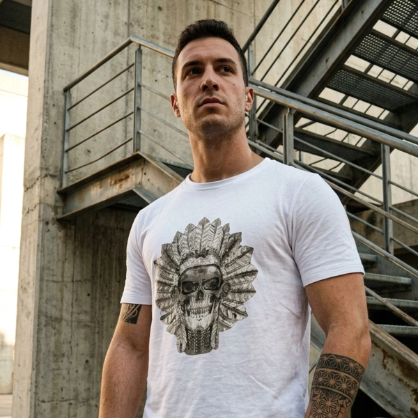 Kızılderili Baskılı Bisiklet Yaka Erkek Beyaz Tişört