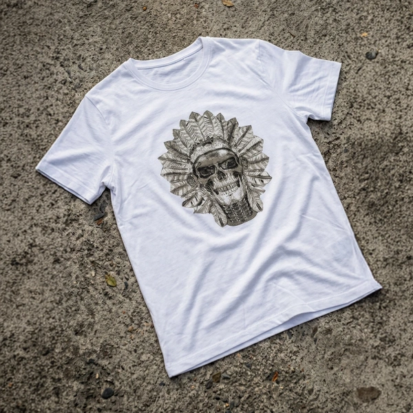 Kızılderili Baskılı Bisiklet Yaka Erkek Beyaz Tişört