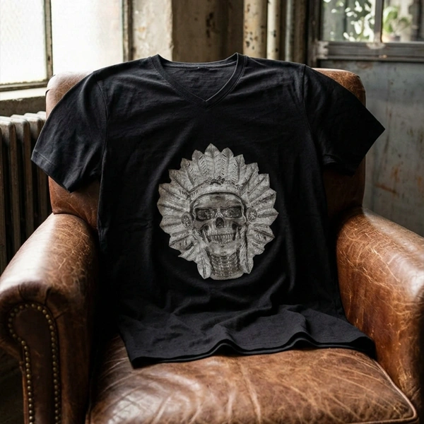 Kızılderili Baskılı V Yaka Erkek Siyah Tişört