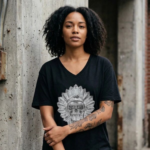 Kızılderili Baskılı V Yaka Erkek Siyah Tişört