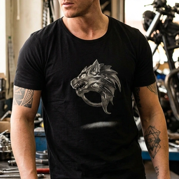 Ejderha Baskılı Bisiklet Yaka Erkek Siyah Tişört