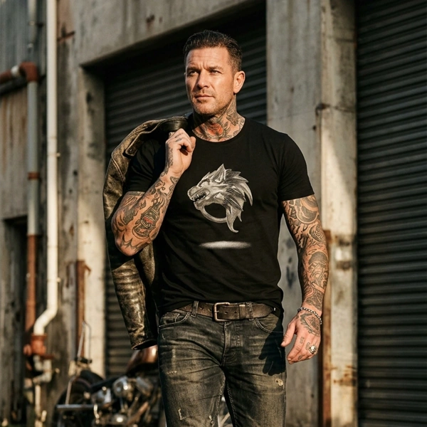 Ejderha Baskılı Bisiklet Yaka Erkek Siyah Tişört