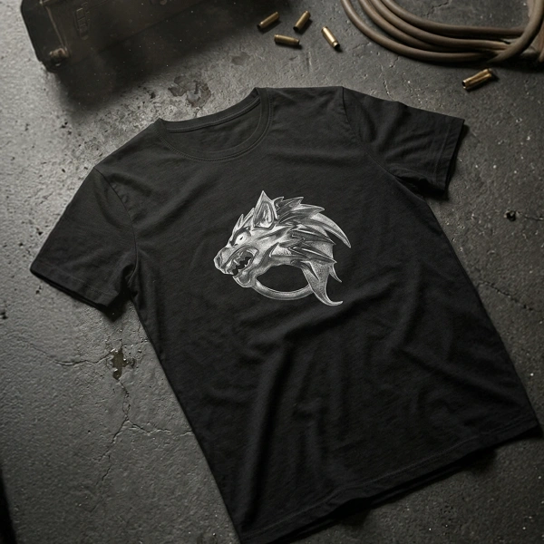 Ejderha Baskılı Bisiklet Yaka Erkek Siyah Tişört