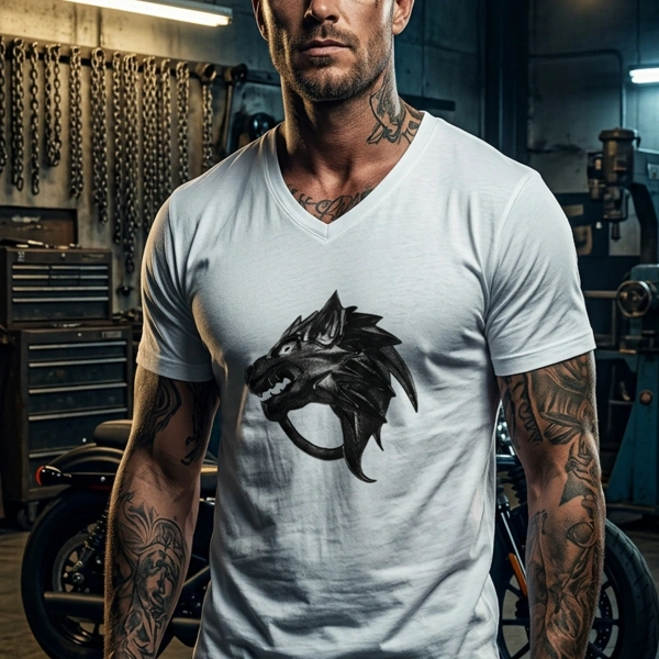 Ejderha Baskılı V Yaka Erkek Beyaz Tişört