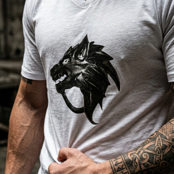 Ejderha Baskılı V Yaka Erkek Beyaz Tişört