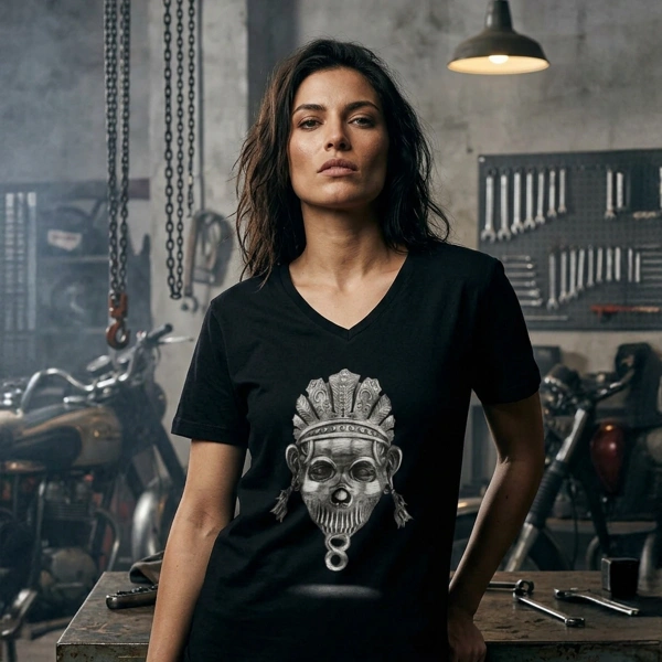 Festival-Totenkopf mit V-Ausschnitt Schwarzes T-Shirt