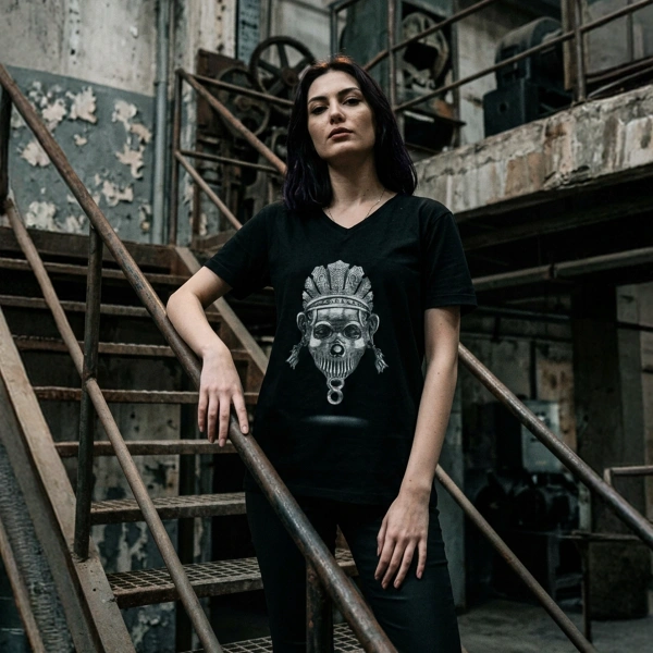 Festival-Totenkopf mit V-Ausschnitt Schwarzes T-Shirt