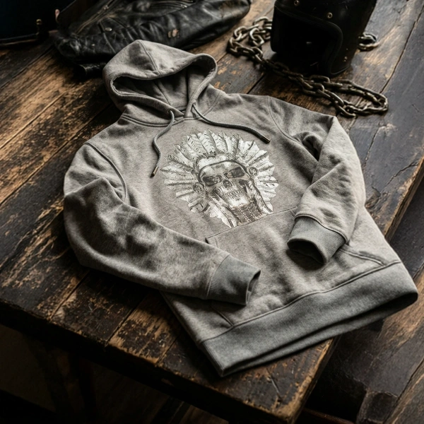 Graues Sweatshirt mit Indianer-Print, Kapuze vorne, Camouflage-Print