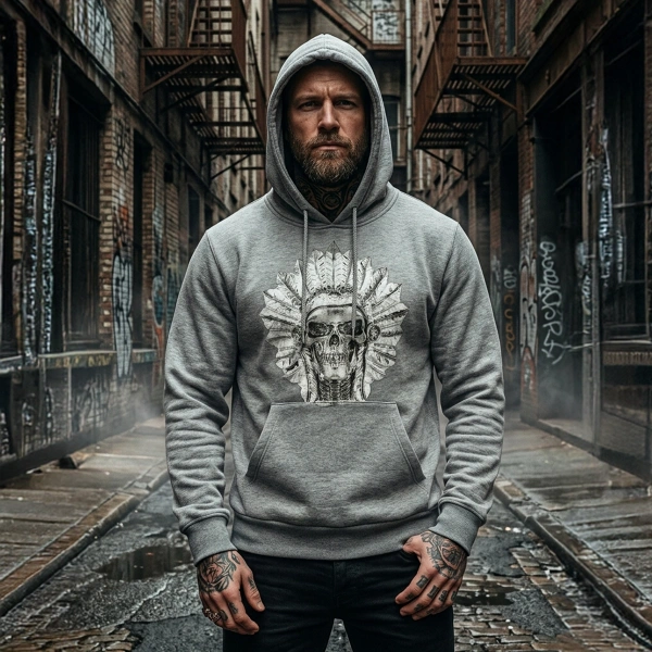 Graues Sweatshirt mit Indianer-Print, Kapuze vorne, Camouflage-Print