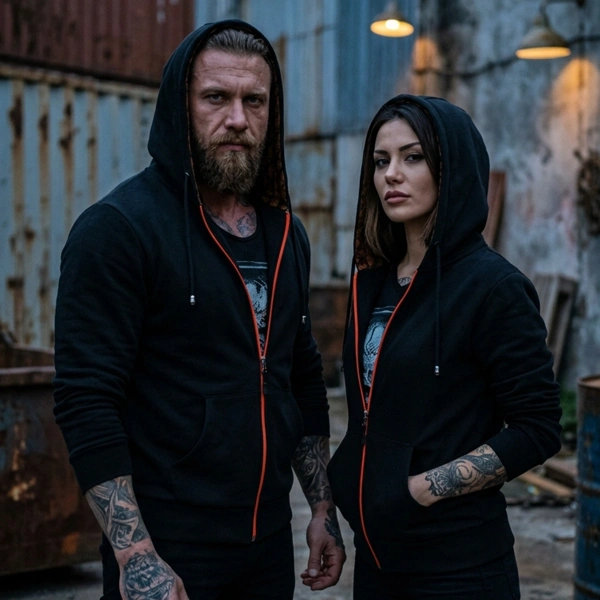 Schwarz/Graues optionales Sweatshirt mit Reißverschluss, Kapuze mit Löwen-Epaulette-Aufdruck auf der Rückseite und orangefarbenem Totenkopf