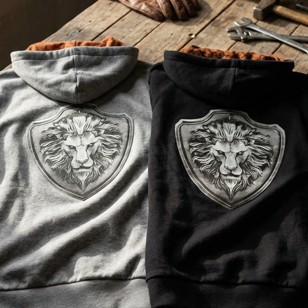 Schwarz/Graues optionales Sweatshirt mit Reißverschluss, Kapuze mit Löwen-Epaulette-Aufdruck auf der Rückseite und orangefarbenem Totenkopf