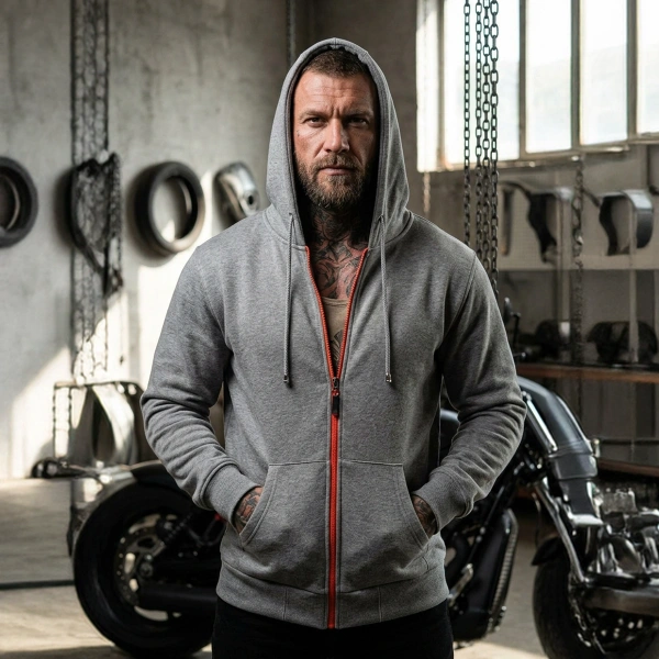 Graues Sweatshirt mit Totenkopf-Epauletten-Aufdruck auf der Rückseite, Kapuze mit Reißverschluss und Känguru-Tasche, orangefarbener Totenkopf-Aufdruck