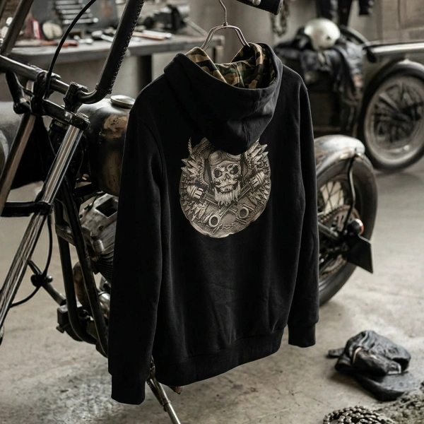 Schwarzes Sweatshirt mit Totenkopf-Epaulette-Print, Kängurutasche und Kapuze mit Reißverschluss und Camouflage-Print