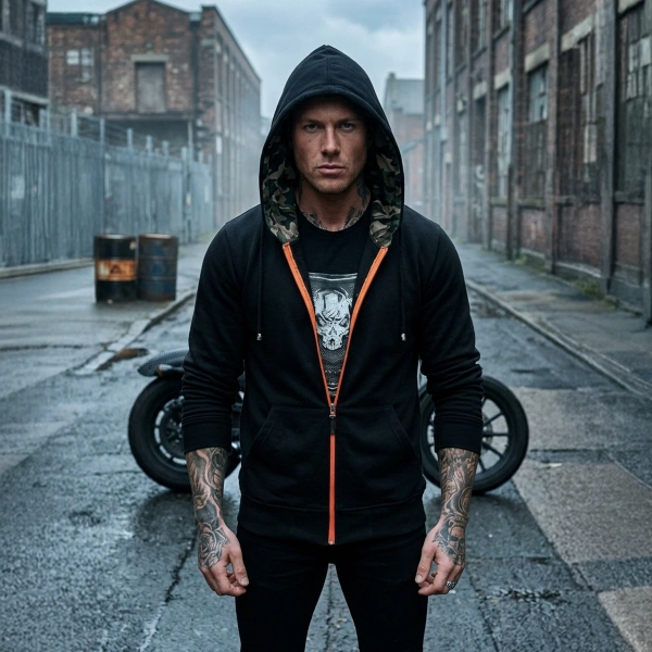 Schwarzes Sweatshirt mit Totenkopf-Epaulette-Print, Kängurutasche und Kapuze mit Reißverschluss und Camouflage-Print