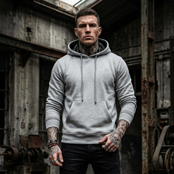 Arkası Kurt Başı Baskılı Kapüşonlu Gri Kamuflaj Sweatshirt