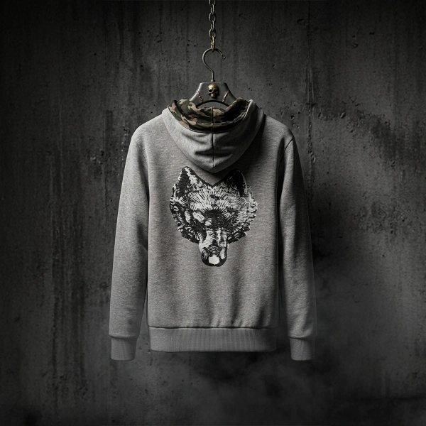 Arkası Kurt Başı Baskılı Kapüşonlu Gri Kamuflaj Sweatshirt