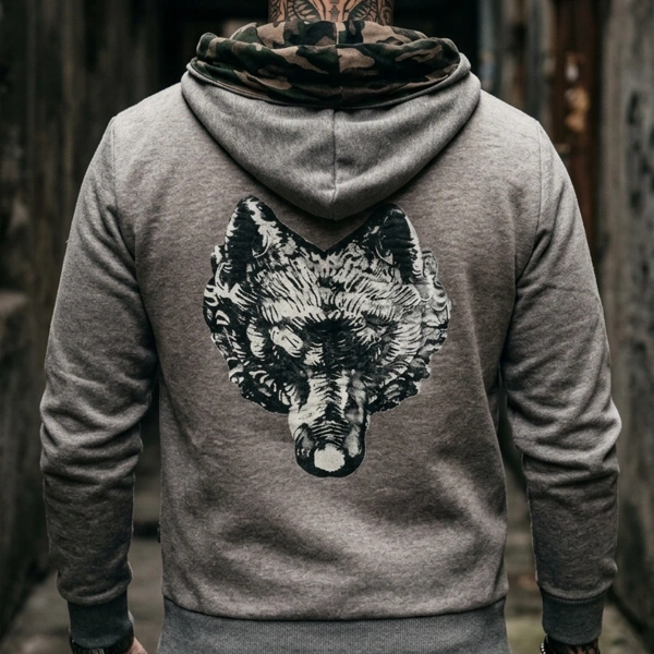 Arkası Kurt Başı Baskılı Kapüşonlu Gri Kamuflaj Sweatshirt