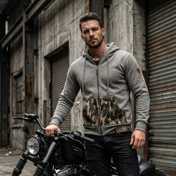 Kamuflaj Baskılı Fermuarlı Kapüşonlu Gri Sweatshirt