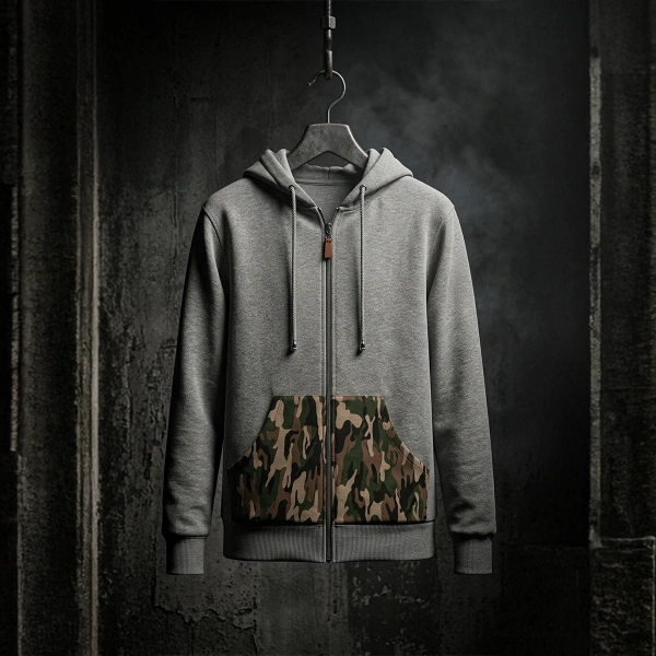 Kamuflaj Baskılı Fermuarlı Kapüşonlu Gri Sweatshirt