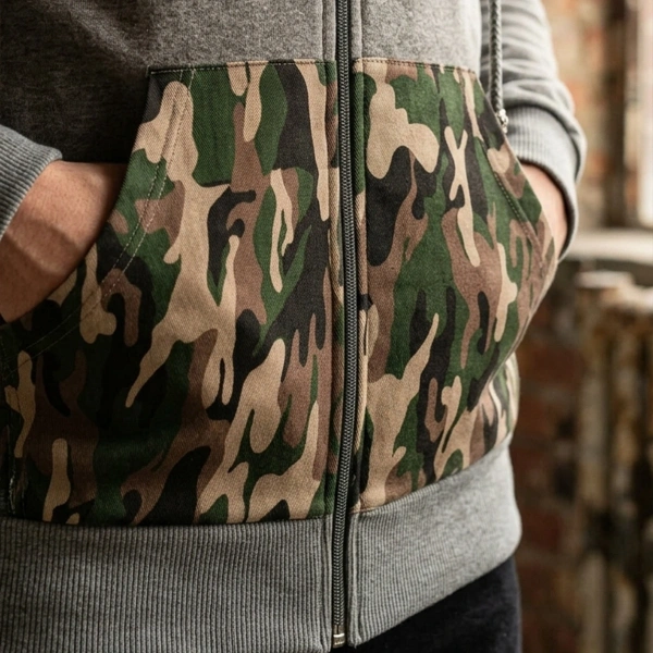 Kamuflaj Baskılı Fermuarlı Kapüşonlu Gri Sweatshirt