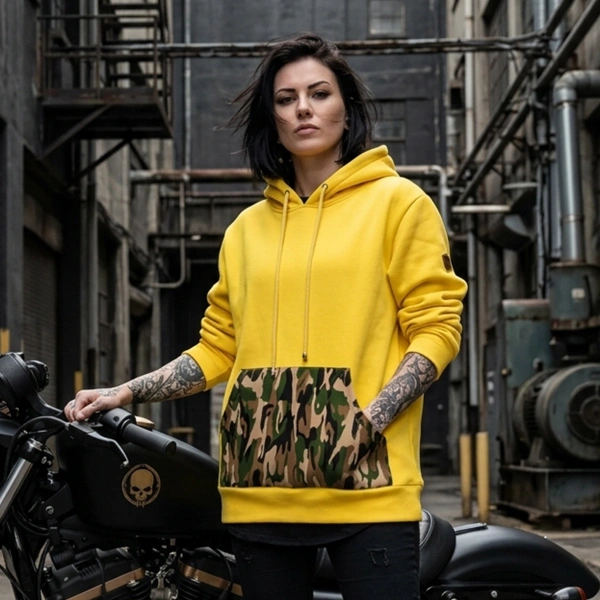 Hooded Printed Yellow Sweatshirt Kangaroo Pocket Front Camouflage Printed Back Full Moon Abundance Cycle Printed