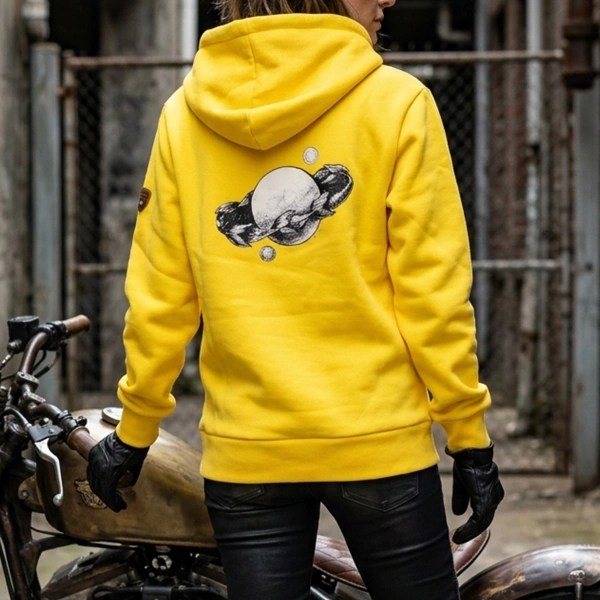 Hooded Printed Yellow Sweatshirt Kangaroo Pocket Front Camouflage Printed Back Full Moon Abundance Cycle Printed