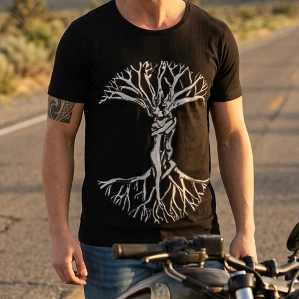 Aşk Çınarı Baskılı Bisiklet Yaka Erkek Siyah Tişört