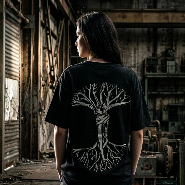 Arkası Aşk Çınarı Baskılı Bisiklet Yaka Bayan Siyah Uzun Tişört