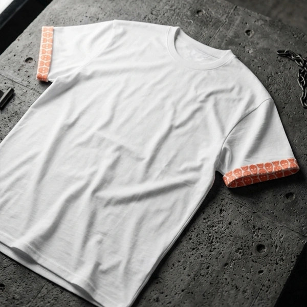 Kolları Kuru Kafa Baskı Biyeli V Yaka Bayan Beyaz Uzun Tişört