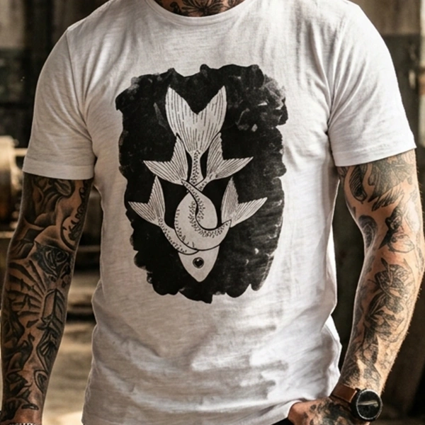 Infinite Abundance Fish Printed Crew Neck Mens White T-Shirt