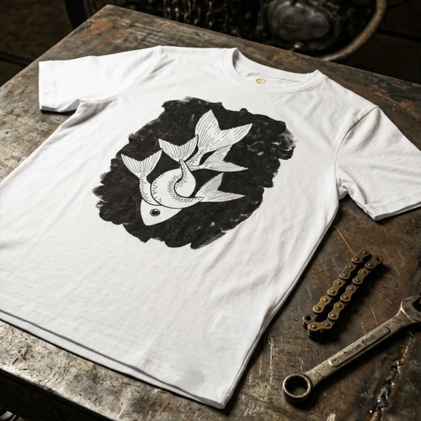 Infinite Abundance Fish Printed Crew Neck Mens White T-Shirt