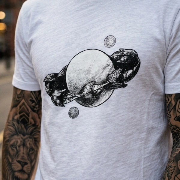 Full Moon Abundance Loop bedrucktes weißes Herren-T-Shirt mit V-Ausschnitt