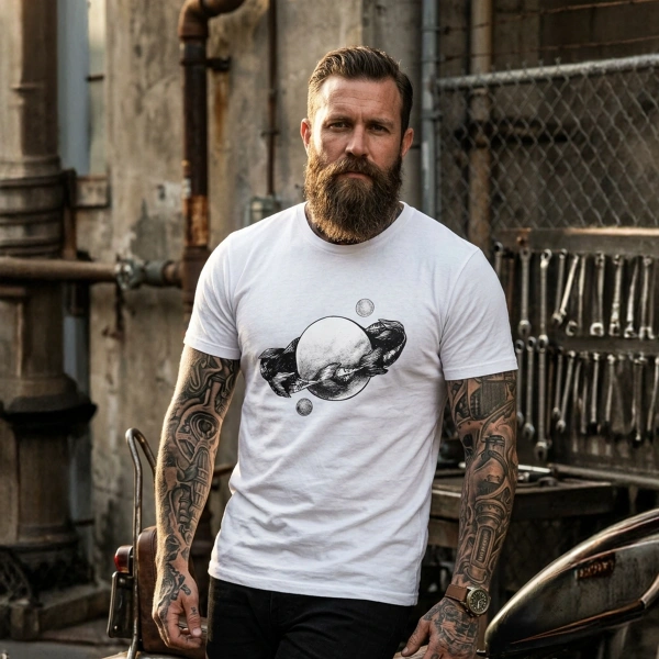 Full Moon Abundance Loop bedrucktes weißes Herren-T-Shirt mit V-Ausschnitt