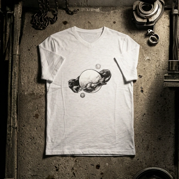 Full Moon Abundance Loop bedrucktes weißes Herren-T-Shirt mit V-Ausschnitt