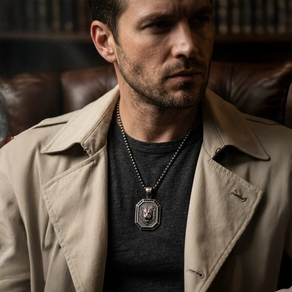 Özel Yüzey Kaplamalı Kenarları Taşlı Kare Aslan Madalyon Kolye