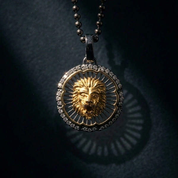 Two Color Coated Lion Openwork Medallion Necklace with Stone Edges