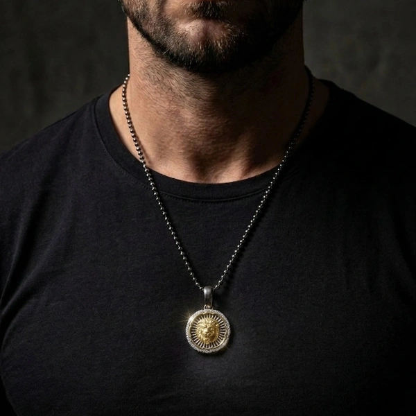 Two Color Coated Lion Openwork Medallion Necklace with Stone Edges