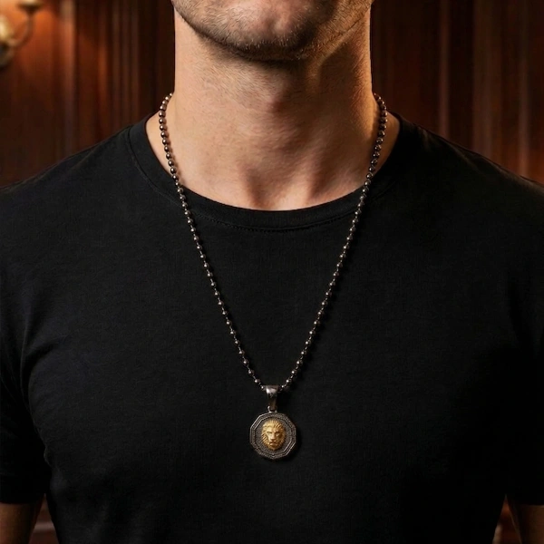 İki Renk Kaplamalı Kenarları Taşlı Aslan Madalyon Kolye