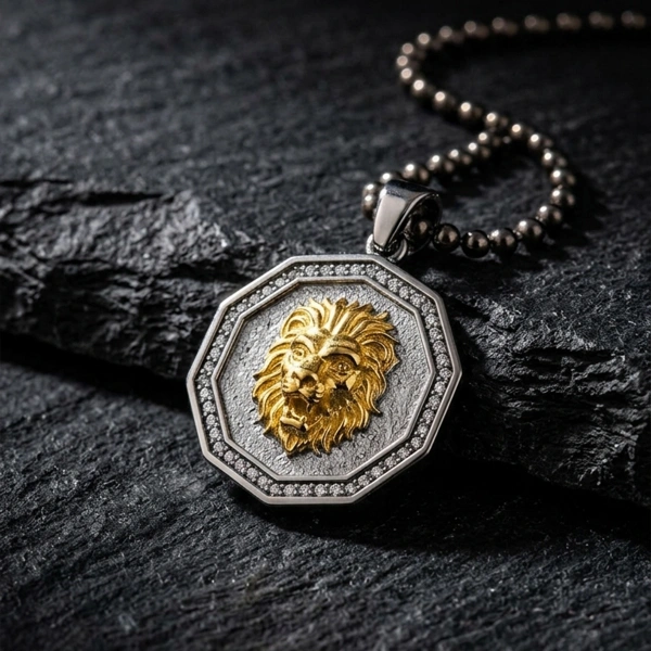 İki Renk Kaplamalı Kenarları Taşlı Aslan Madalyon Kolye