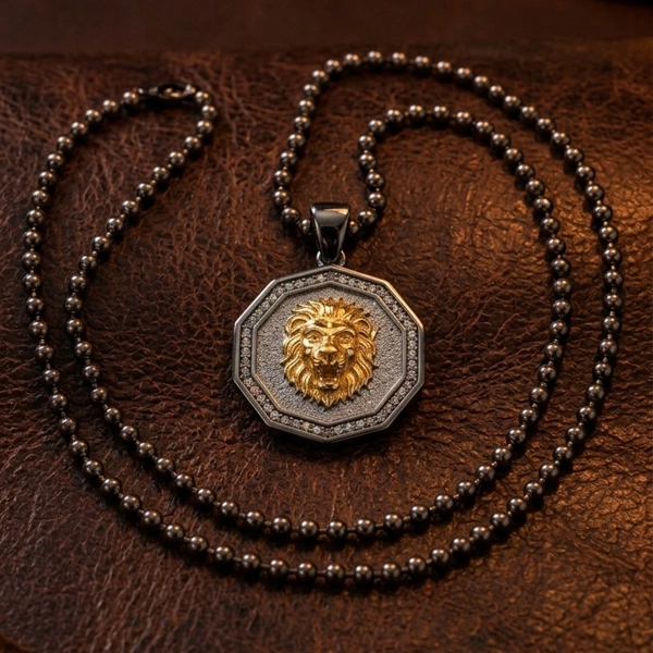 İki Renk Kaplamalı Kenarları Taşlı Aslan Madalyon Kolye