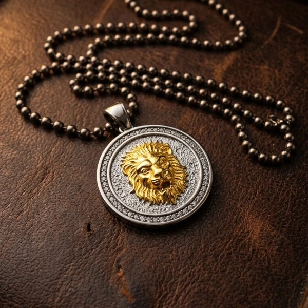 Zweifarbig beschichtete Löwenmedaillon-Halskette mit Steinbesatz